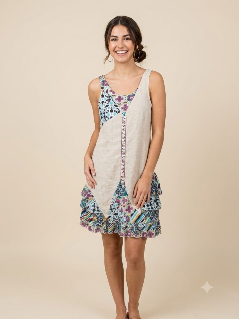 Toi et Moi Cream and Multi Floral Patchwork Tiered Mini Dress